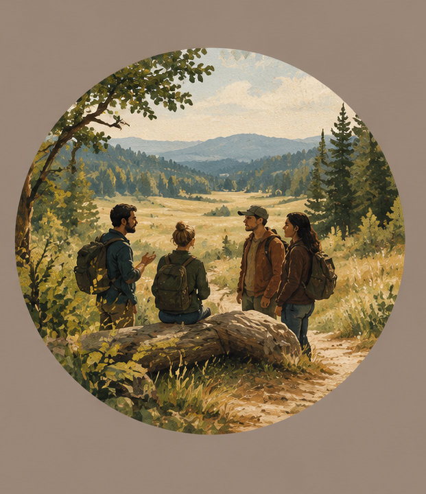 Illustration of three hikers with backpacks resting at a fallen log in a mountain meadow